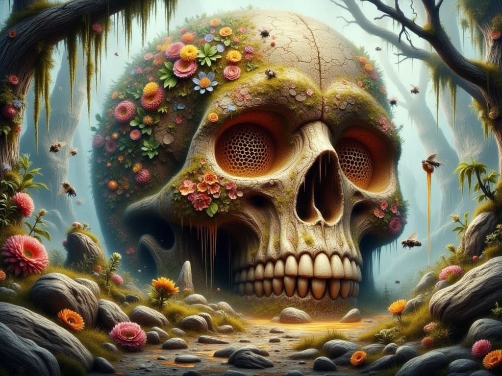 Monolithic Skull Amidst Honeycomb Hive in Wild Nature