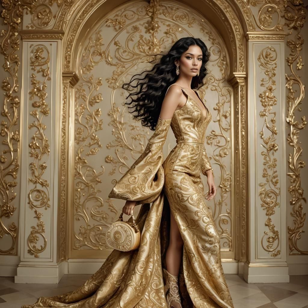 Model in Golden Dress with Curly Hair