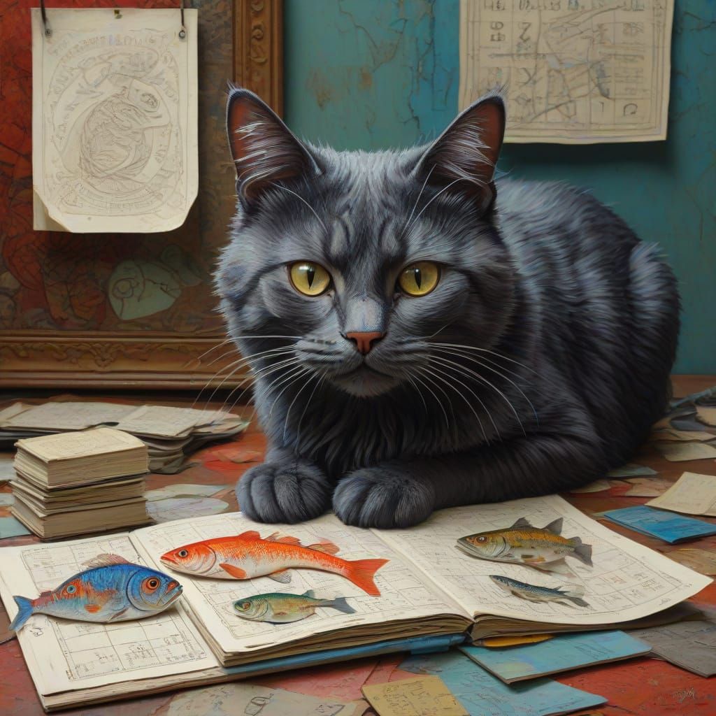 Surreal Cat and Fish in Neo-Impressionist Style Oil Painting