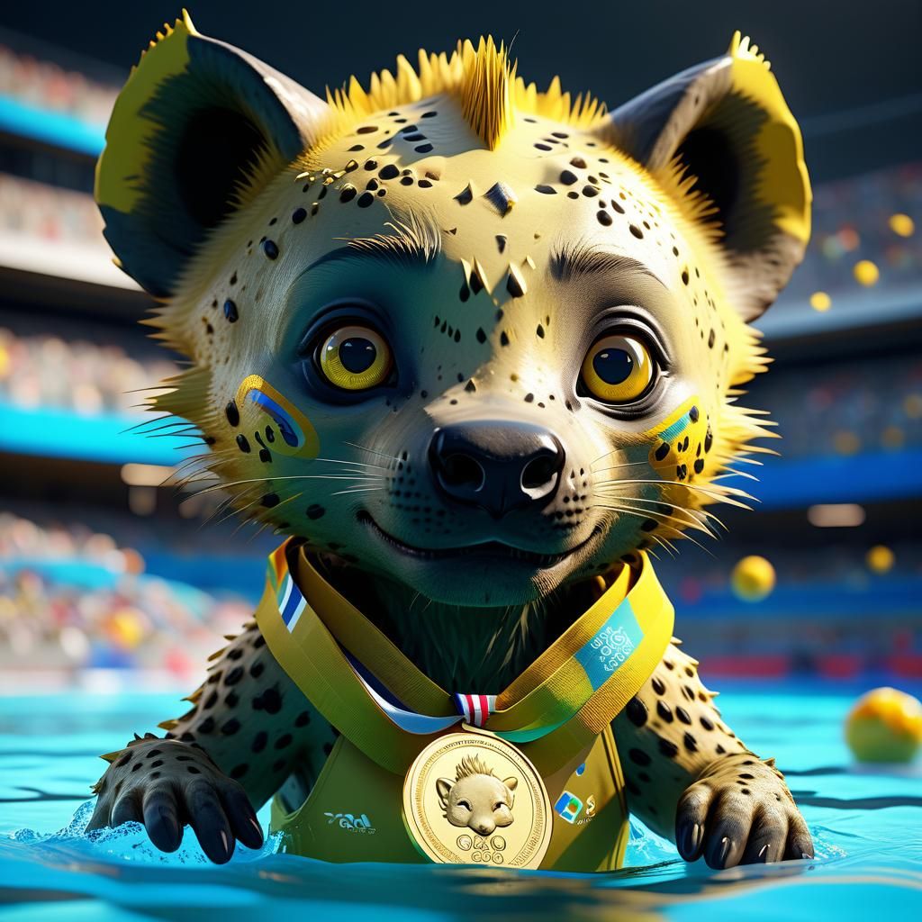 A small yellow hyena with big cute chibi eyes swims with a g...