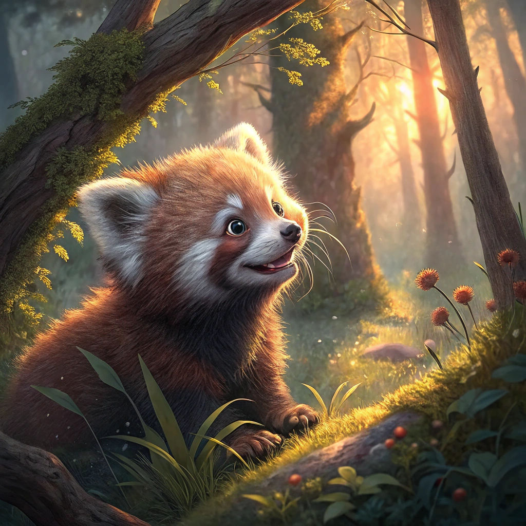 Cute Red Panda Cub in Forest, Digital Painting