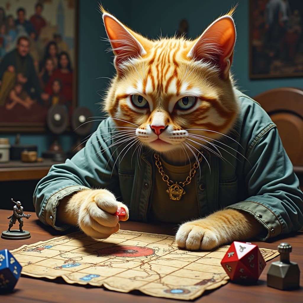 Anthropomorphic Cat D&D Player in Hyperrealistic Style