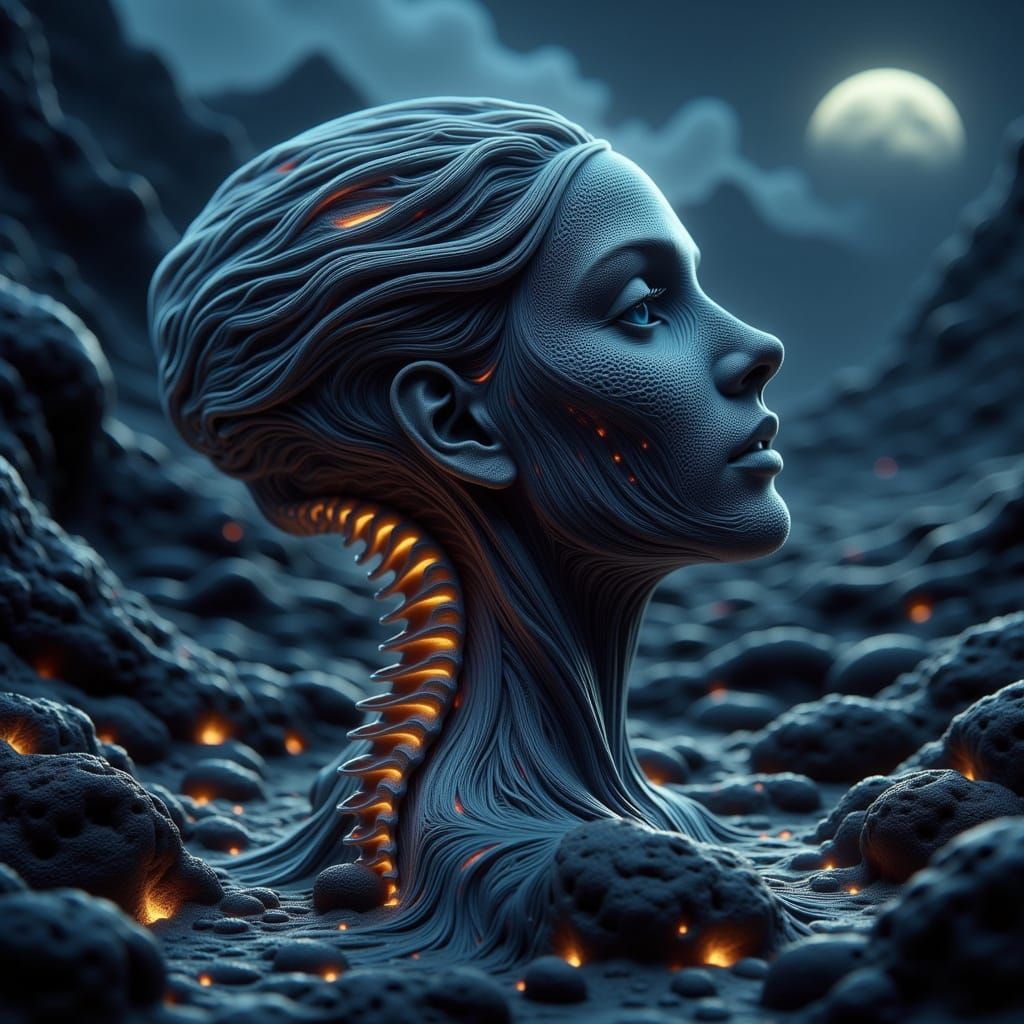 Floating Female Head in Moonlit Night, Dark and Ominous