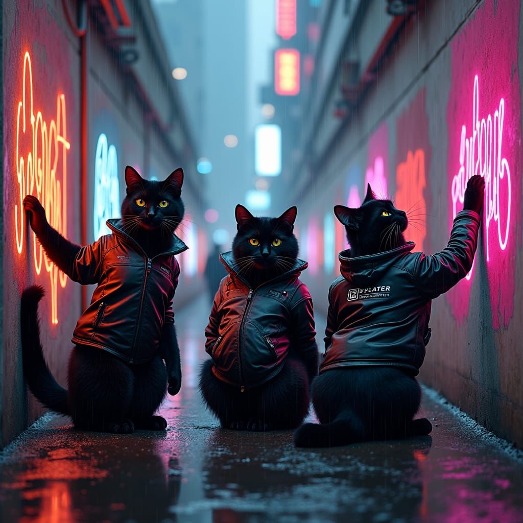 Cyberpunk Cats Graffiti Gang in Futuristic Cityscape