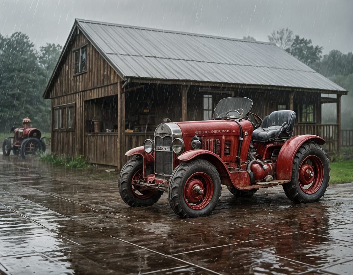 Rustic Red Tractor in Rainy Countryside