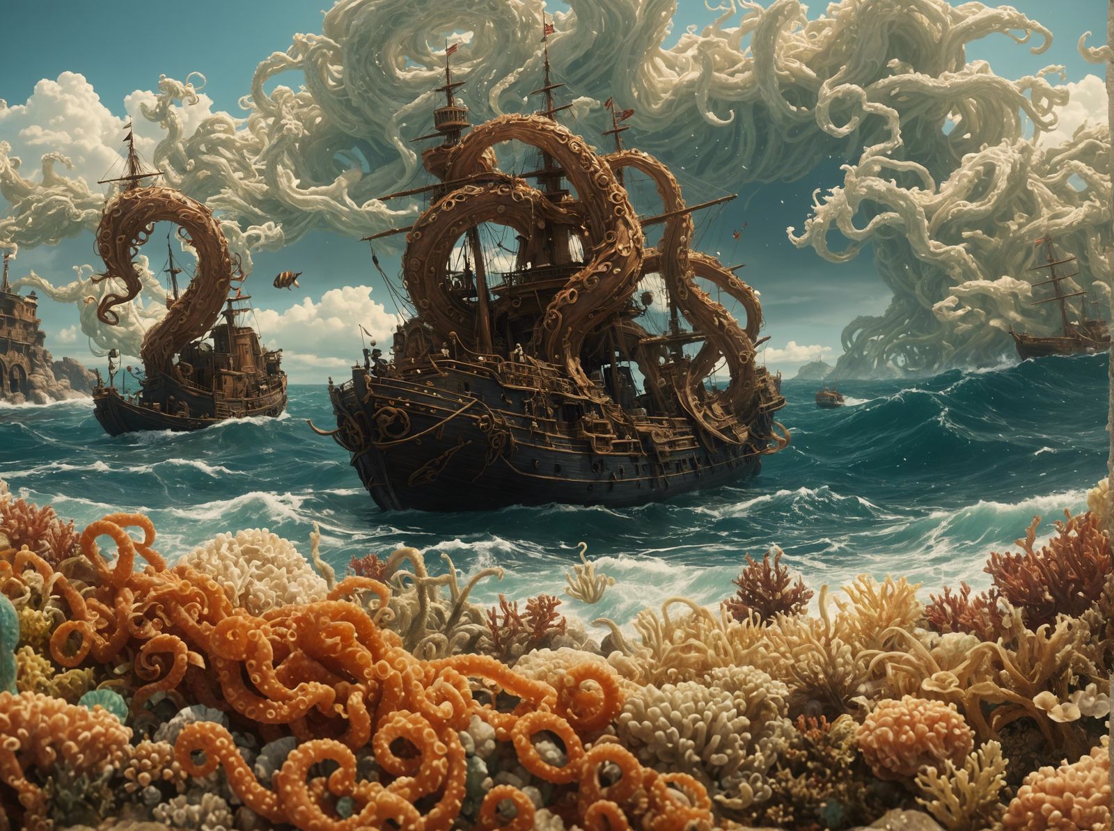 Ship Entangled by Kraken: Ukiyo-e Seascape