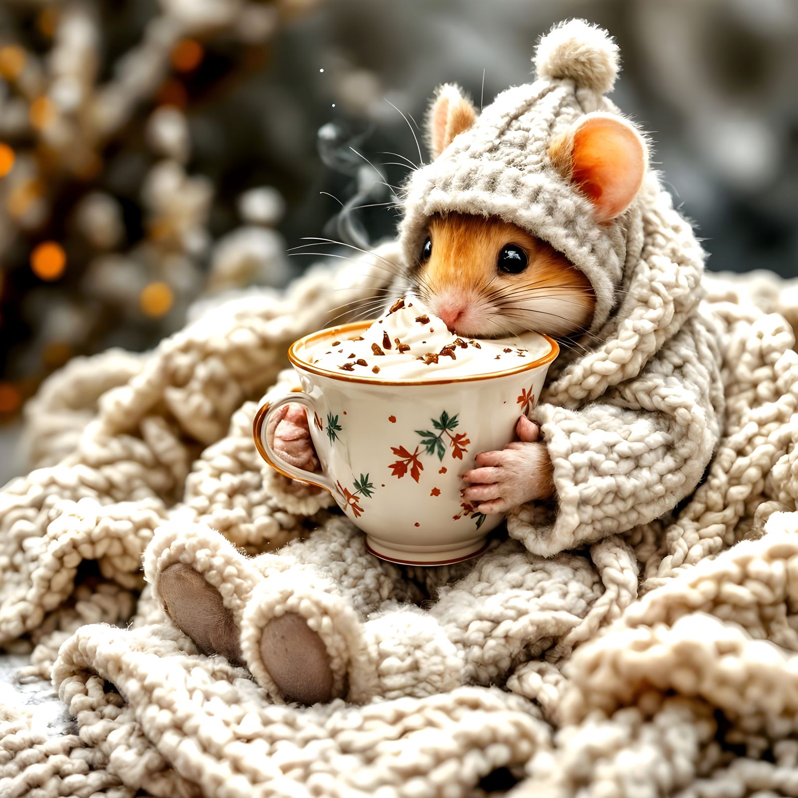 Cozy Mouse with Hot Cocoa in Blanket