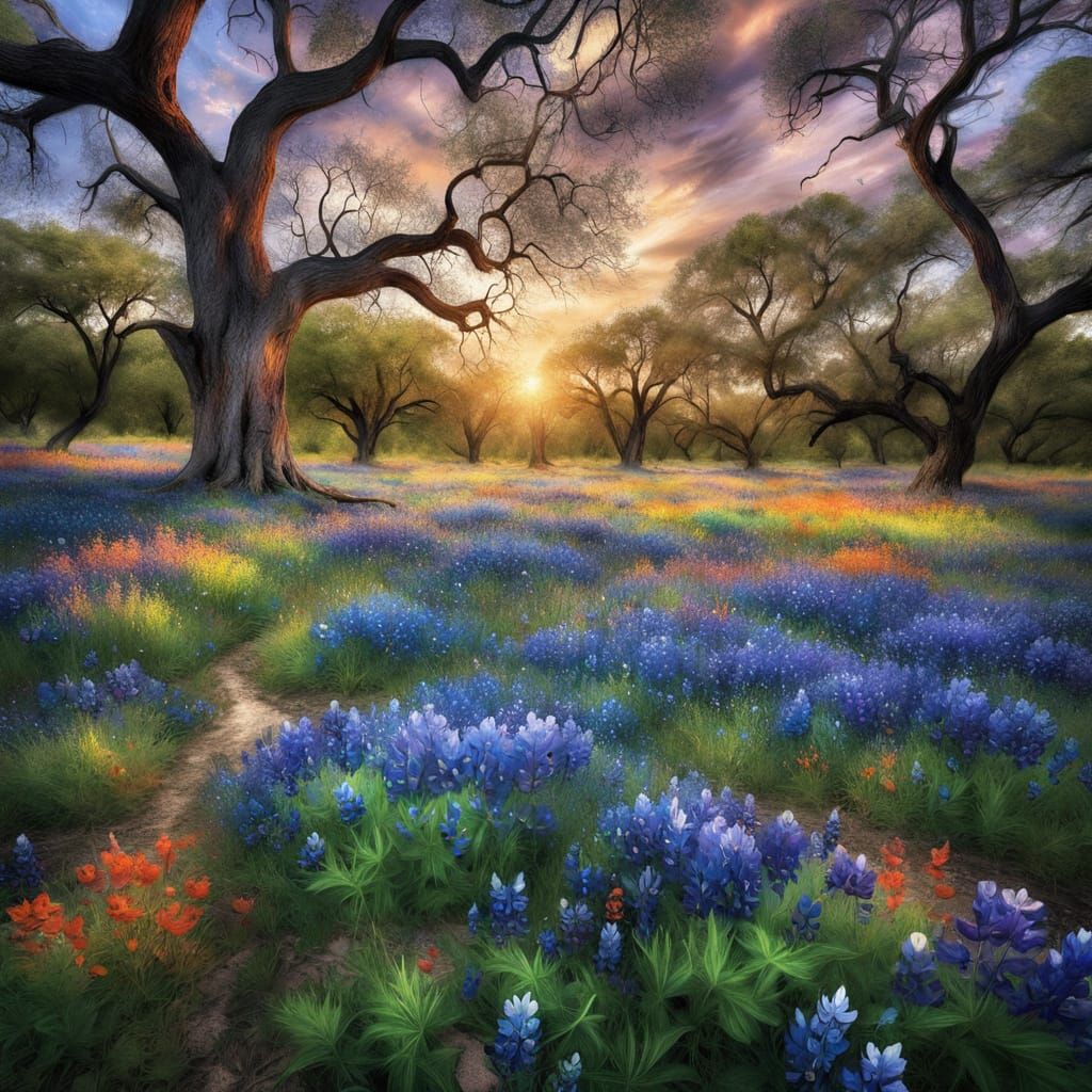 Bluebonnet Field in Alcohol Ink Style