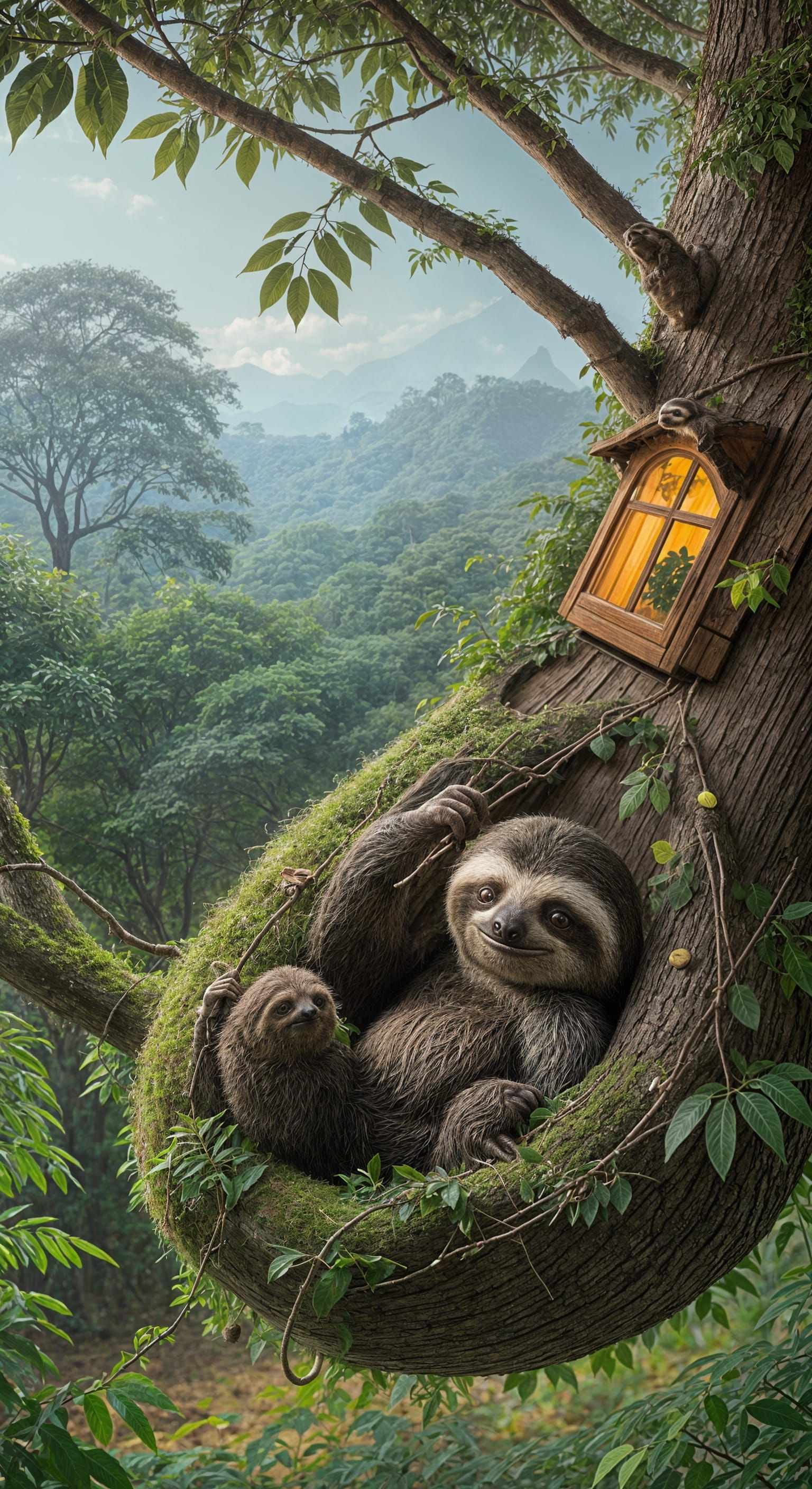 a cozy sloth relaxing in its treehouse nest.