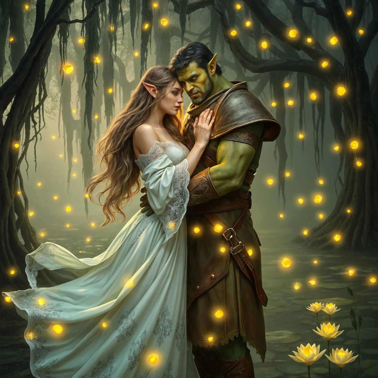 Half-Elf and Orc Embrace in Firefly Bayou