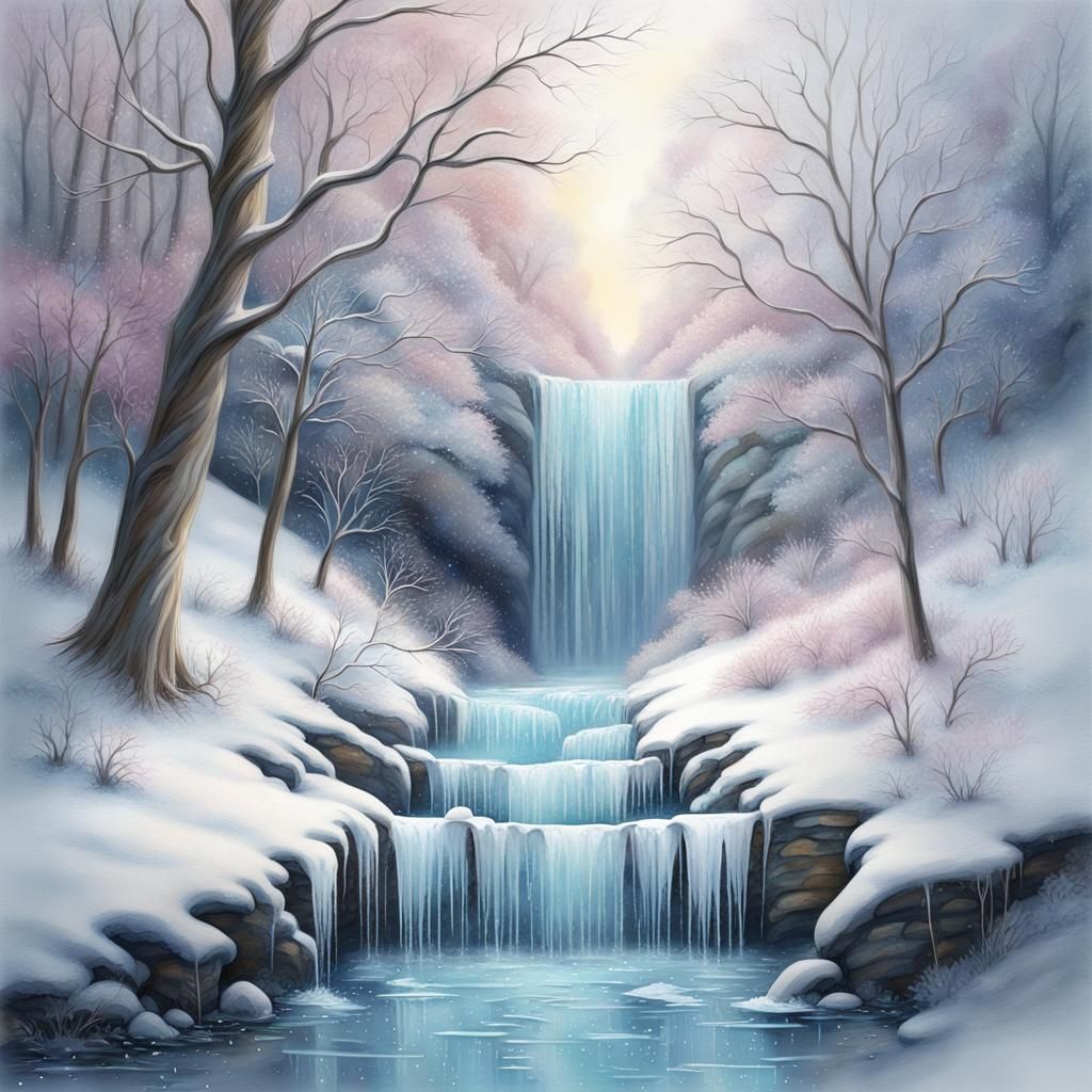 Dreamy Winter River Landscape in Soft Pastels