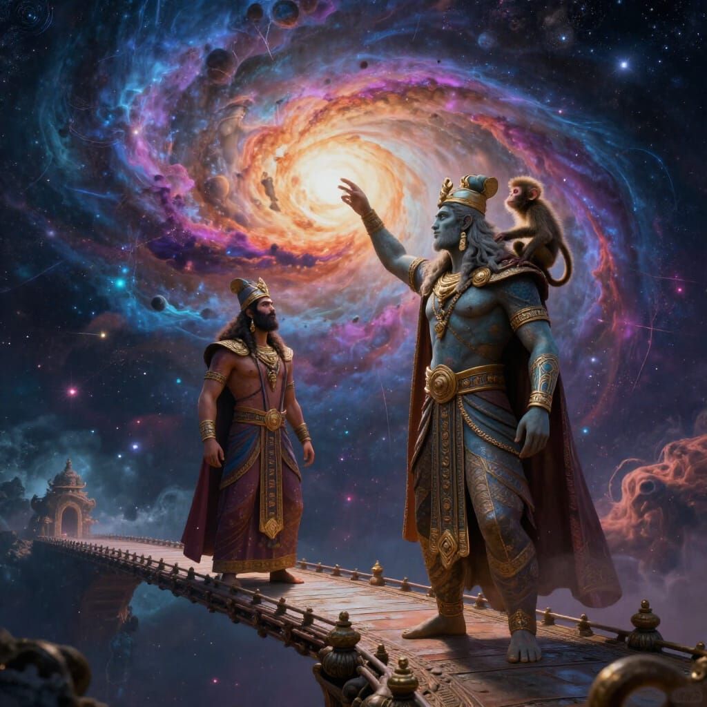 Cosmic Gods Enlil Enki and Monkey on Bridge in Deep Fantasy ...