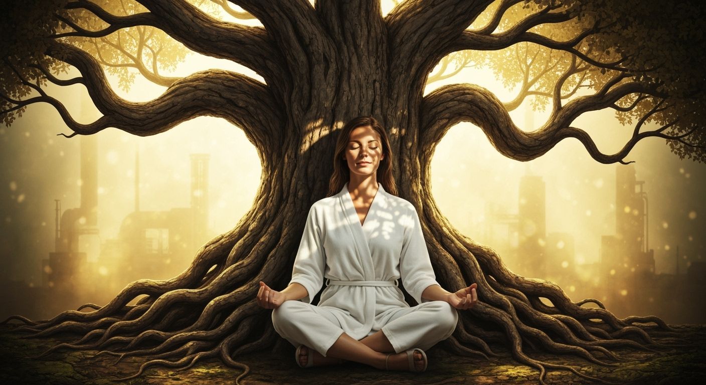Meditating Woman Under Tree of Life, Dreamlike Art