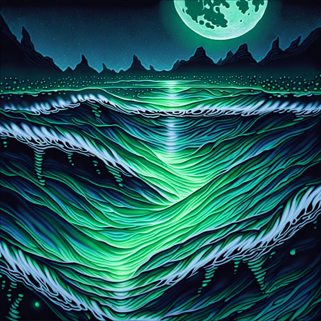 Extraterrestrial Lunar Sea with Bioluminescent Water