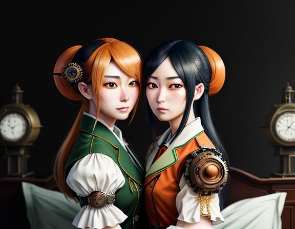 Kemono Twin Sisters Kissing in Steampunk Manga Style