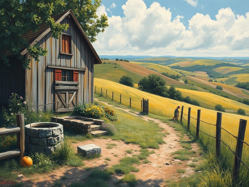 Vibrant Countryside Scene in Tempera Painting Style