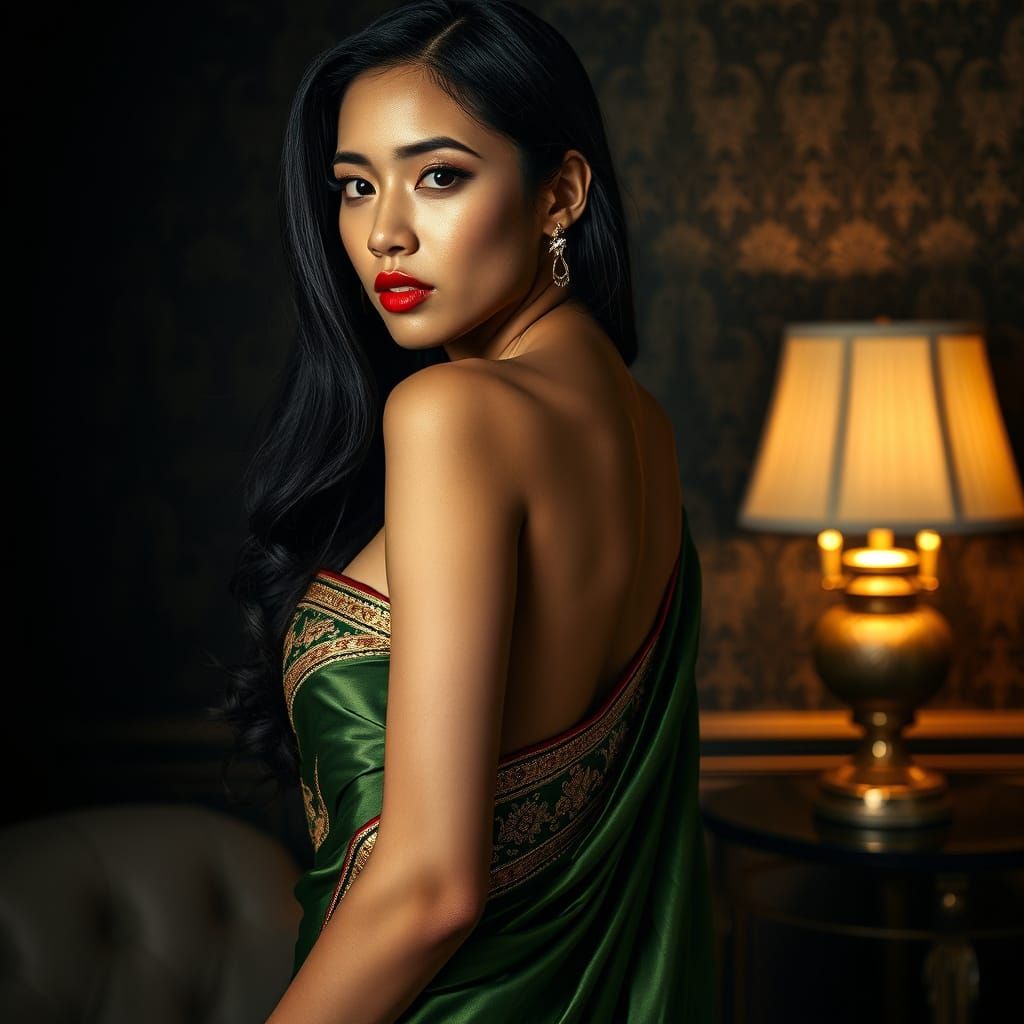 Filipina Woman in Opulent Green Saree Portrait