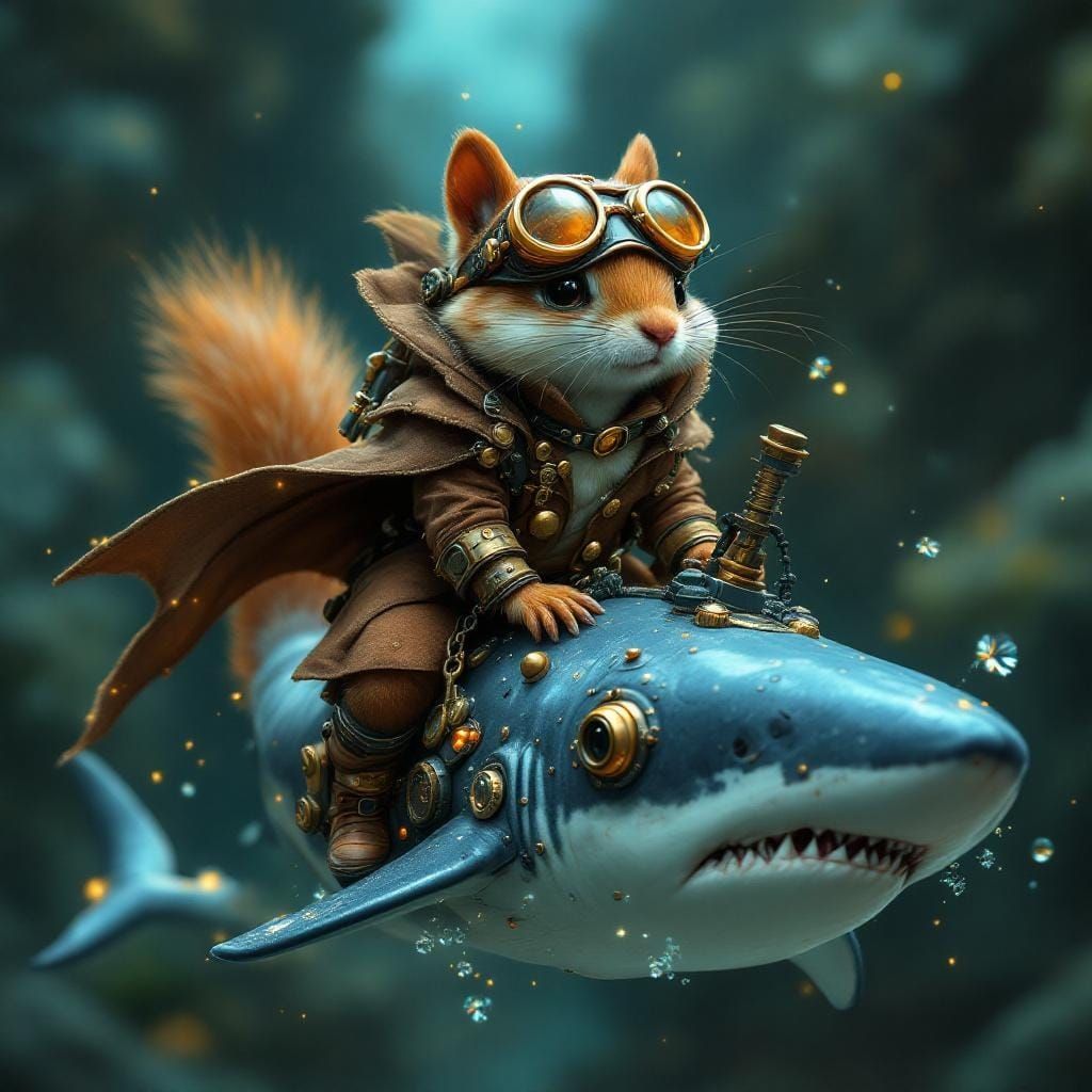Steampunk Squirrel Rides Whale Shark in Retrofuturistic Styl...