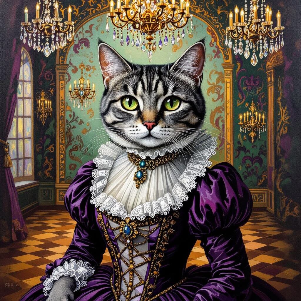 Cat in Rococo Gown Surreal Acrylic Painting