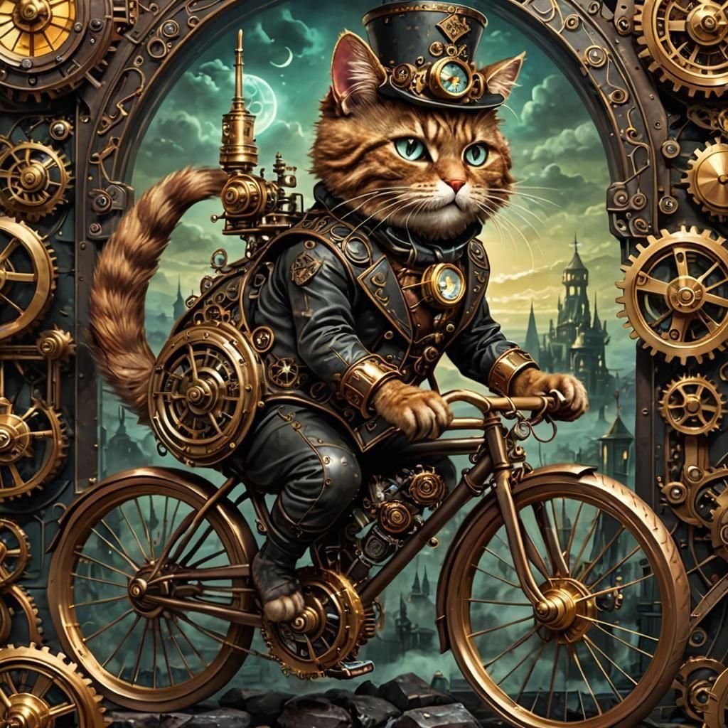 Steampunk Cat's Mechanical Bicycle Ride