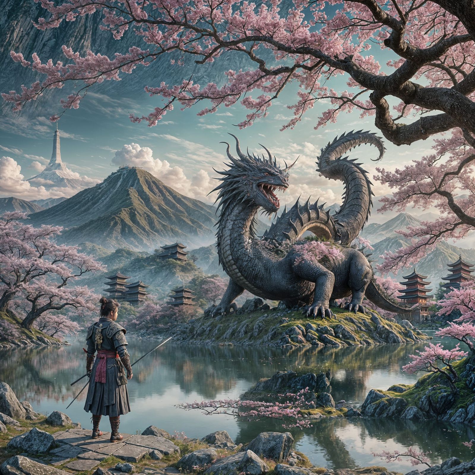 Samurai and Dragon on Battlefield: Matte Painting