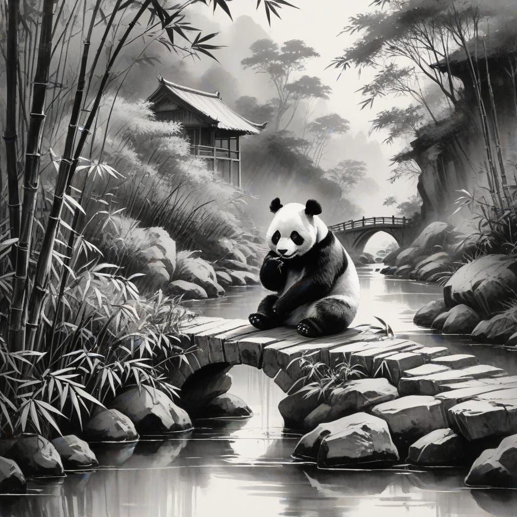 Panda in Serene Japanese Landscape