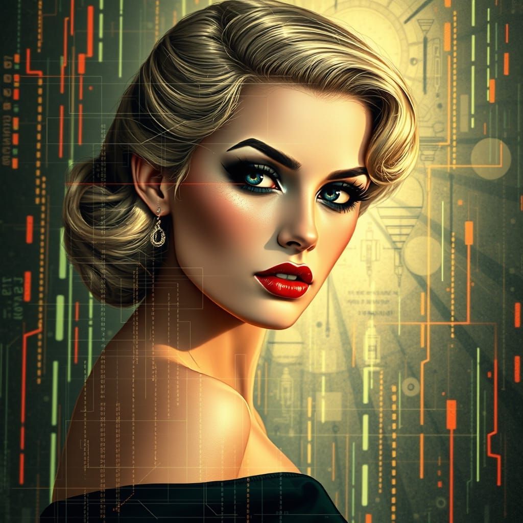 Harlow Blonde Pin-Up with Glitch Art Overlay