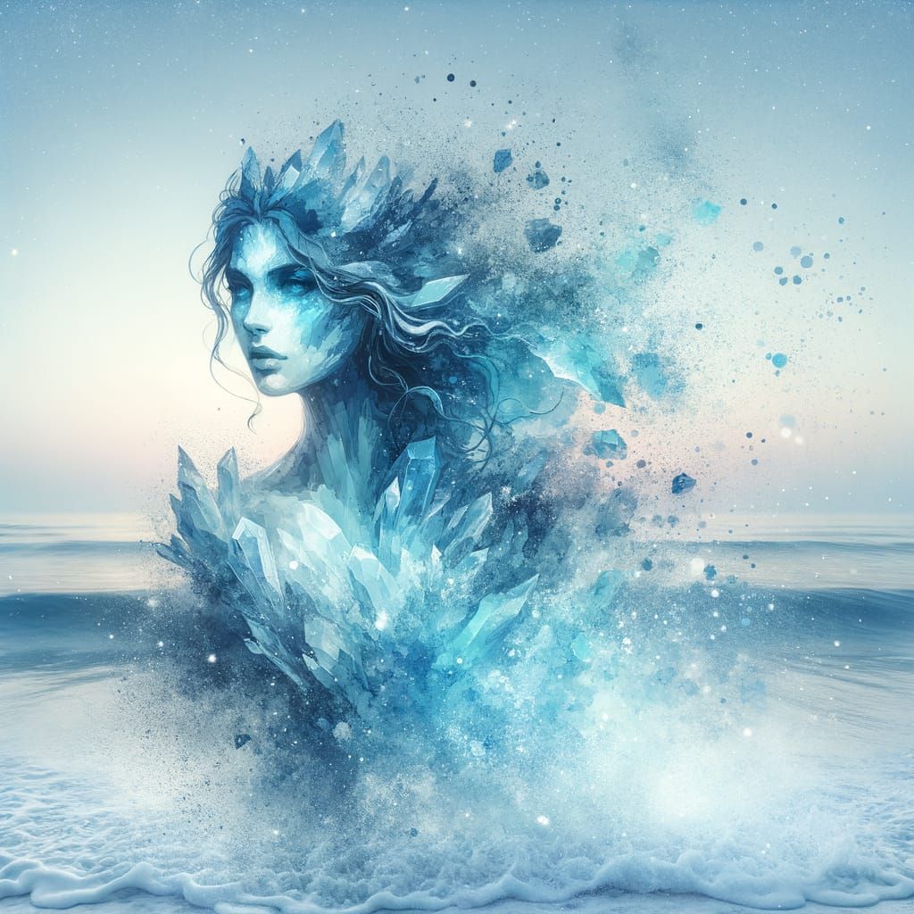 Crystalline Water Fairy Dissolving into Sea Spray in Loose W...