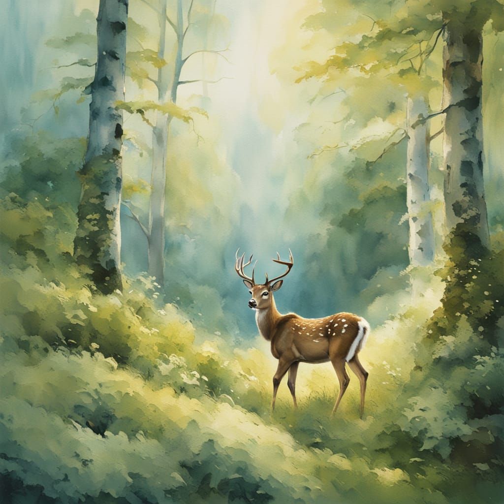 Whimsical Deer in Enchanted Forest Watercolour Painting