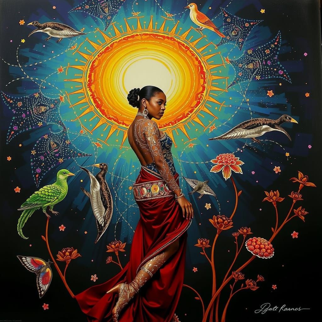 Psychedelic Floral Garden Background with Cosmic Mystery