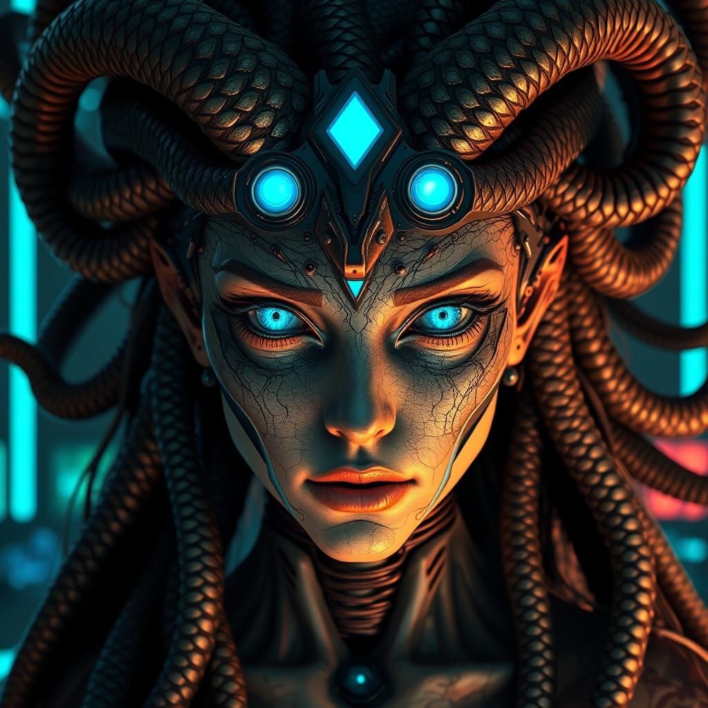 Cybernetic Medusa with Mesmerizing Gaze in Biomechanical Art
