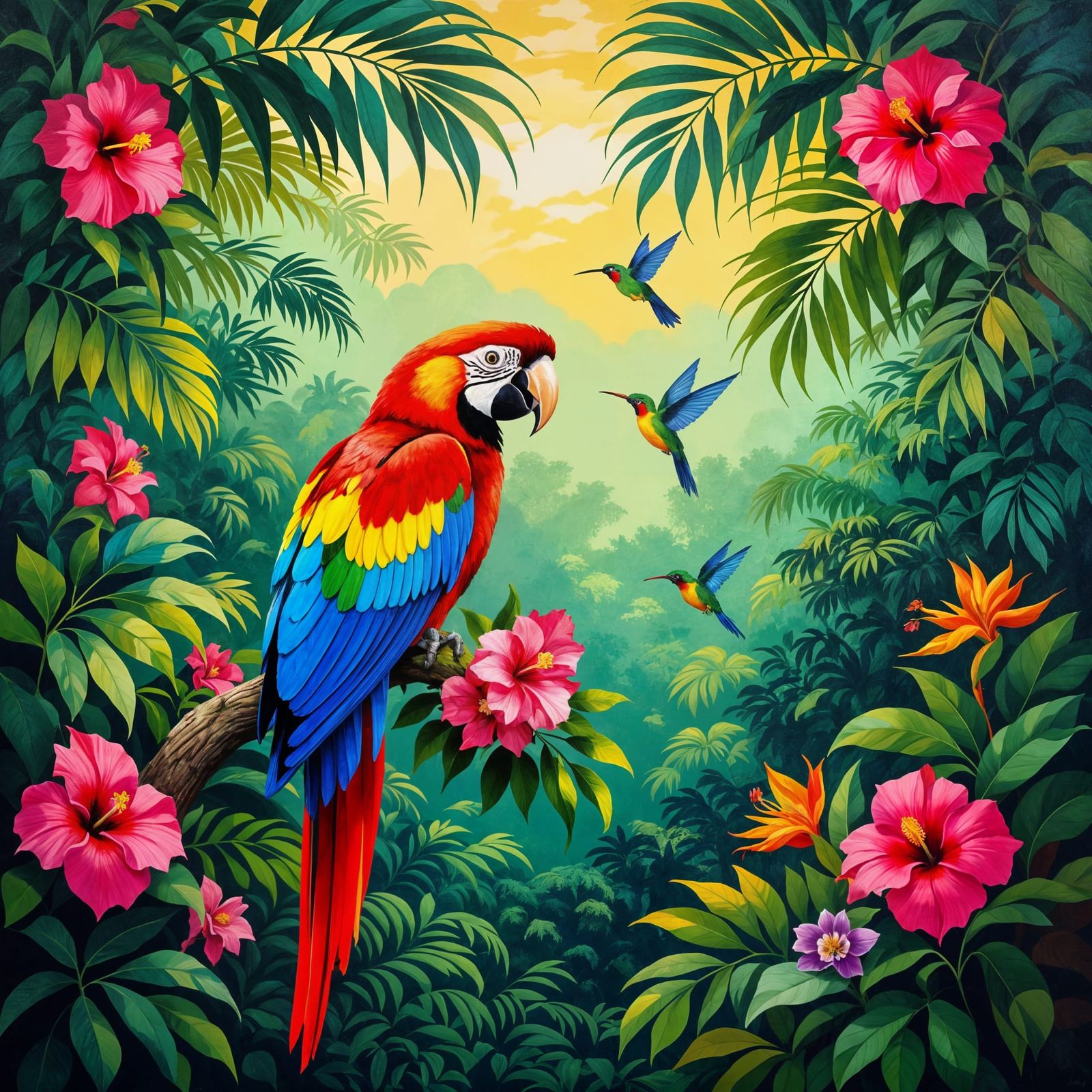 Scarlet Macaw in Rousseau-Style Jungle