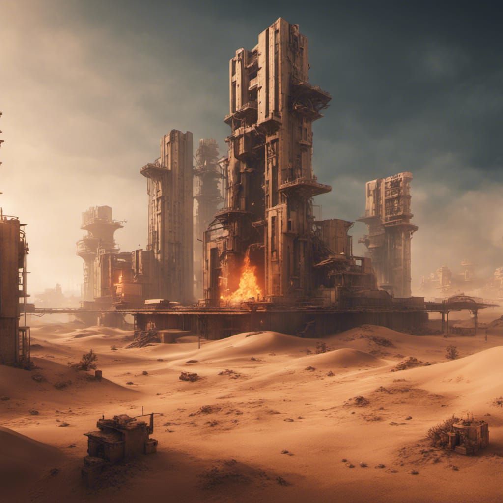 Burning Brutalist City in Desert, Matte Painting