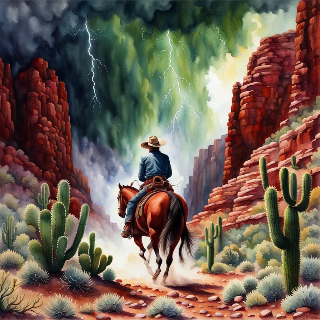 Cowboy Rides Through Canyon in Watercolor Storm