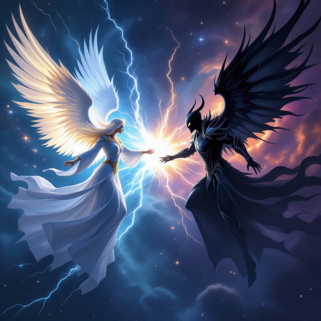 Celestial Beings Duel in Cosmic Battle