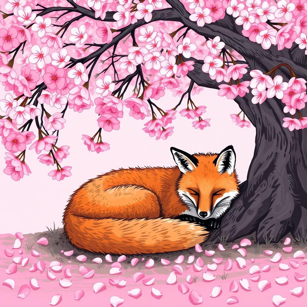 Fox Curled Up Under Cherry Blossom Tree