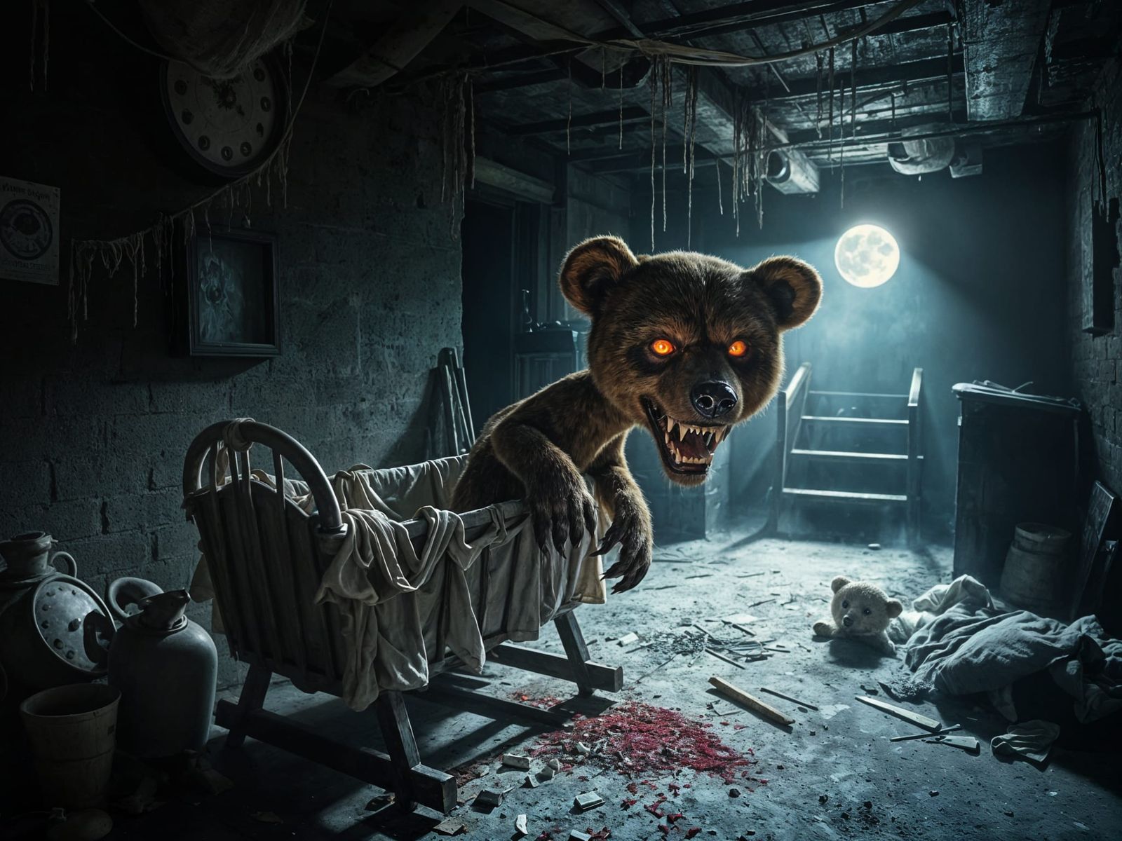 Eerie Basement with Haunted Doll in Moonlight