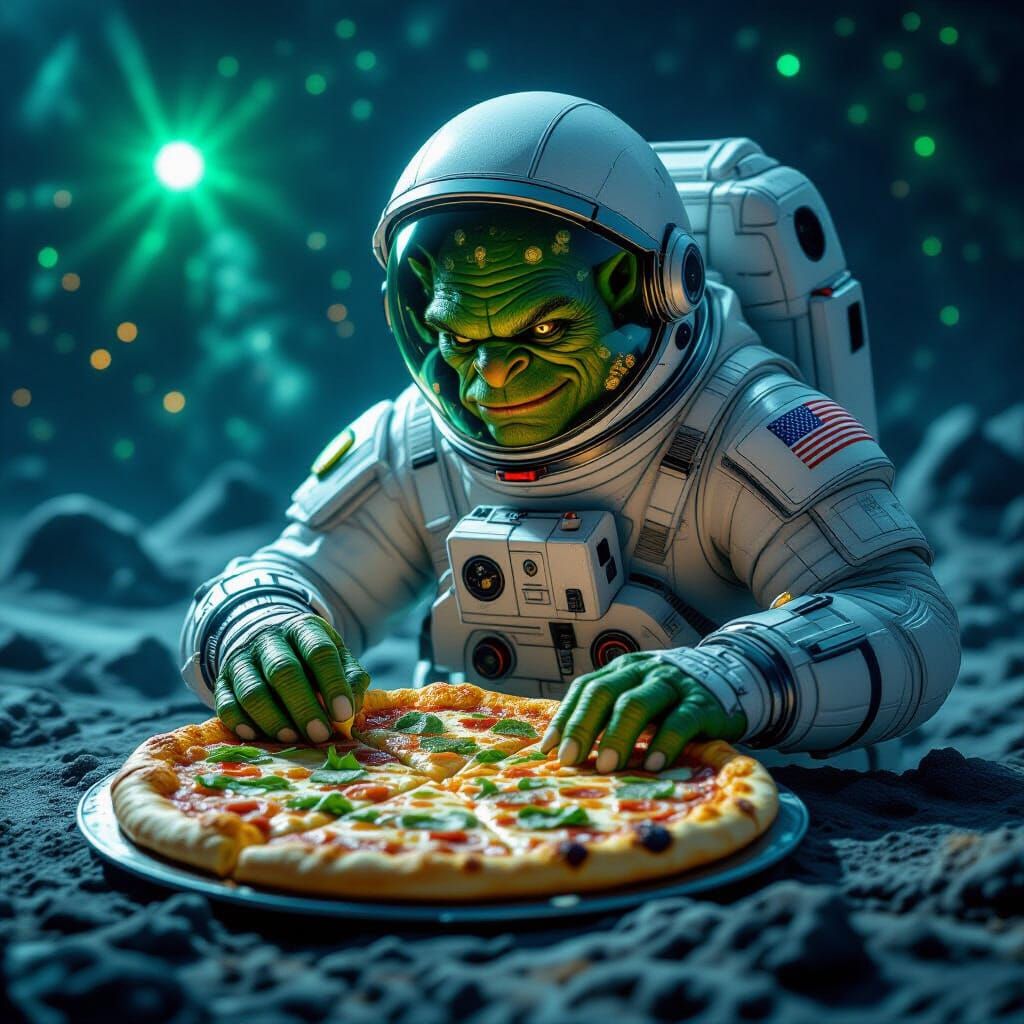 Troll Astronaut Crafts Cosmic Pizza: Dark Fantasy Art