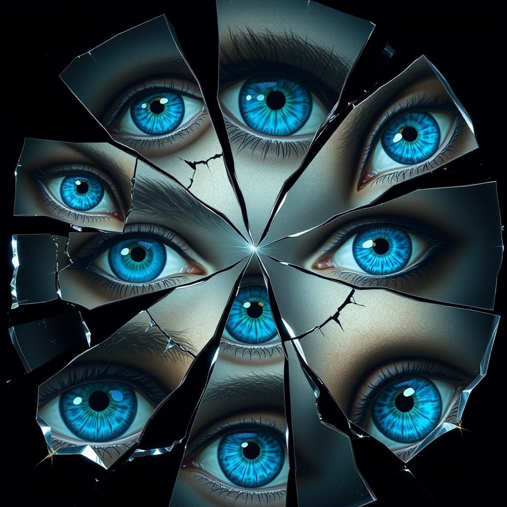Surreal Blue Eyes in Shattered Mirror, Inspired by Gustav Kl...