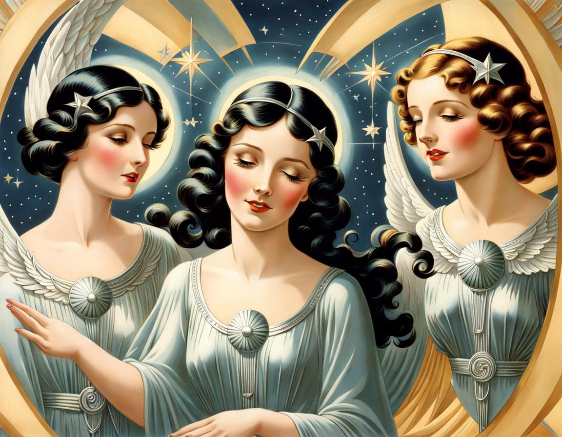 Art Deco Angels Singing Among Silver Stars