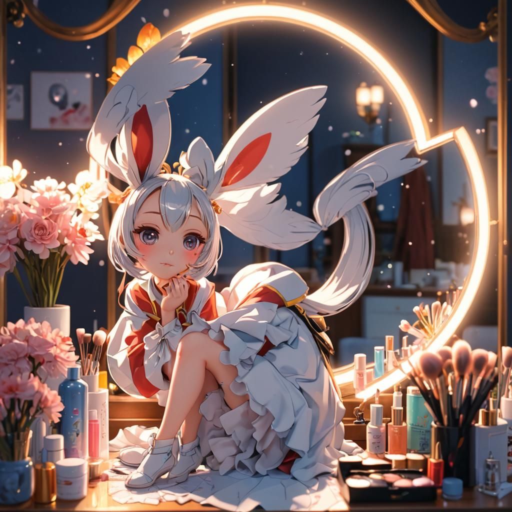 Anime Girl Applying Makeup in 3D Art Style