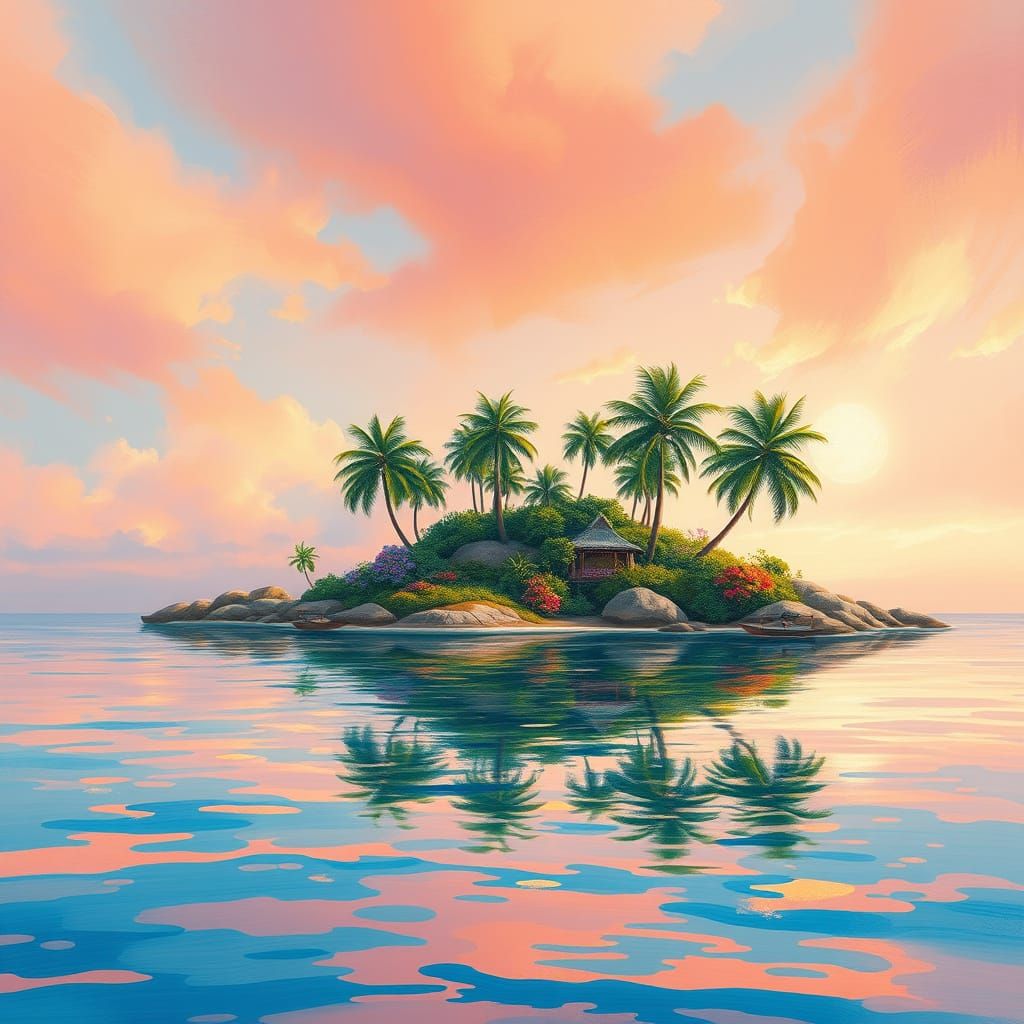 Surreal Tropical Oasis in Impressionist Style