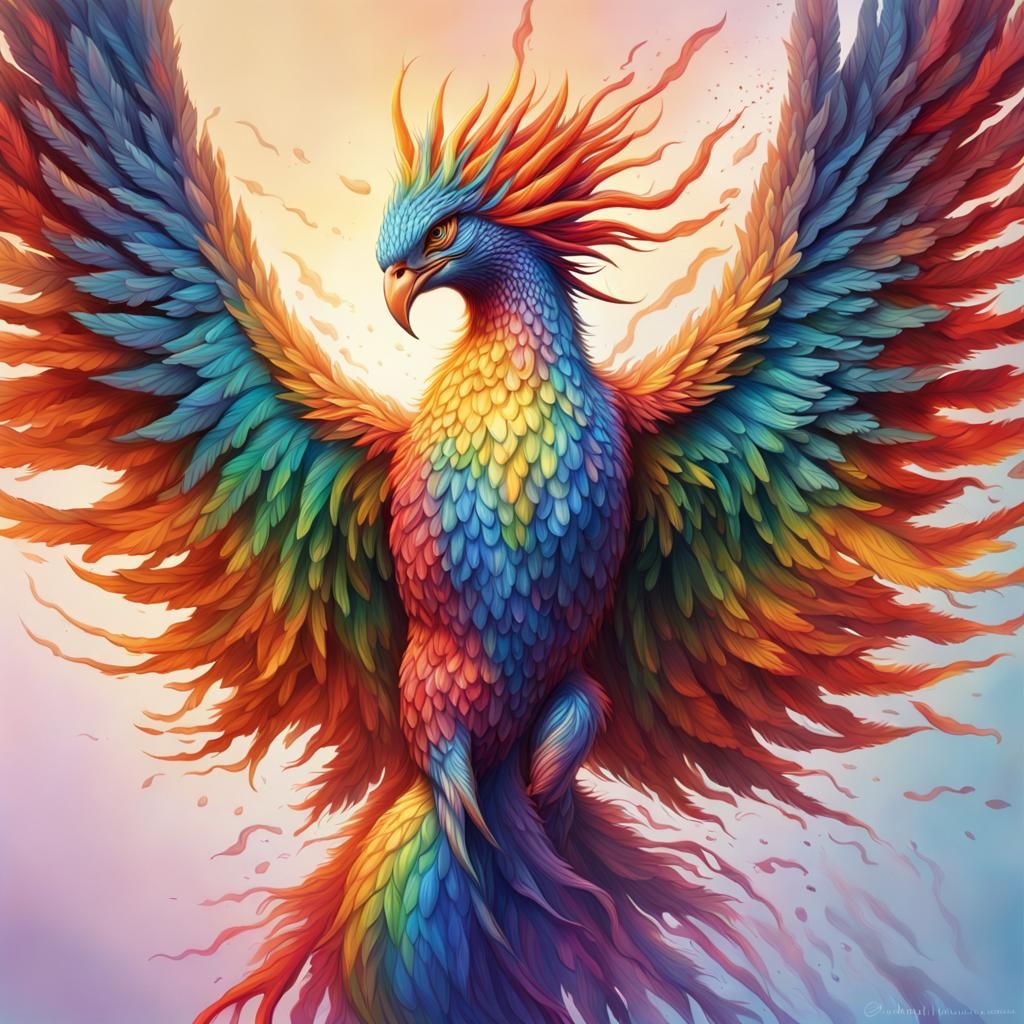 Rainbow Phoenix in Hyperrealistic Splash Art