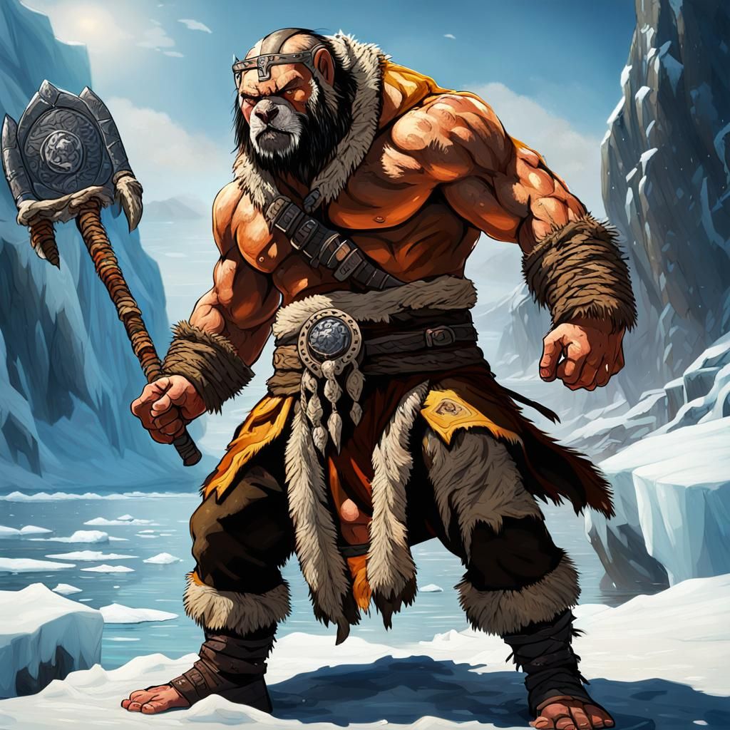 Hyperrealistic Barbarian Monk on Melting Iceberg