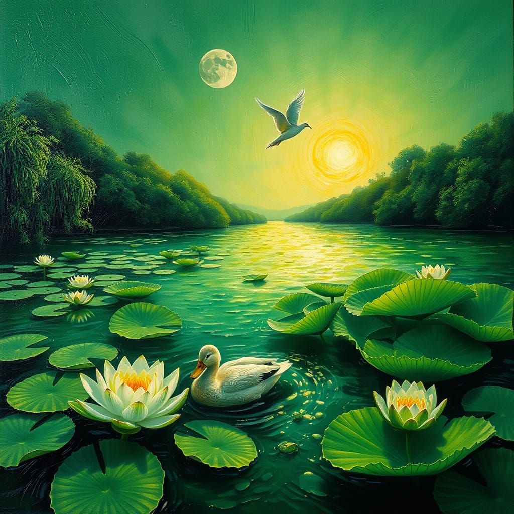 Vibrant Impasto Oil Painting of Luminous Green River