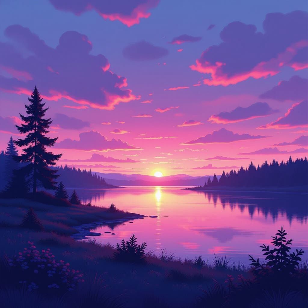 Vibrant Twilight Landscape in Dreamy Sci-Fi Style