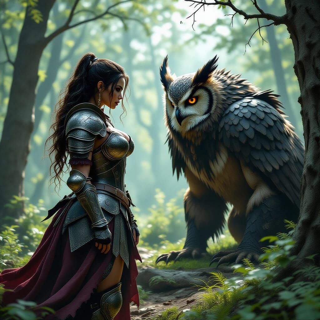 Woman Warrior Battles Owlbear in Dark Fantasy Forest