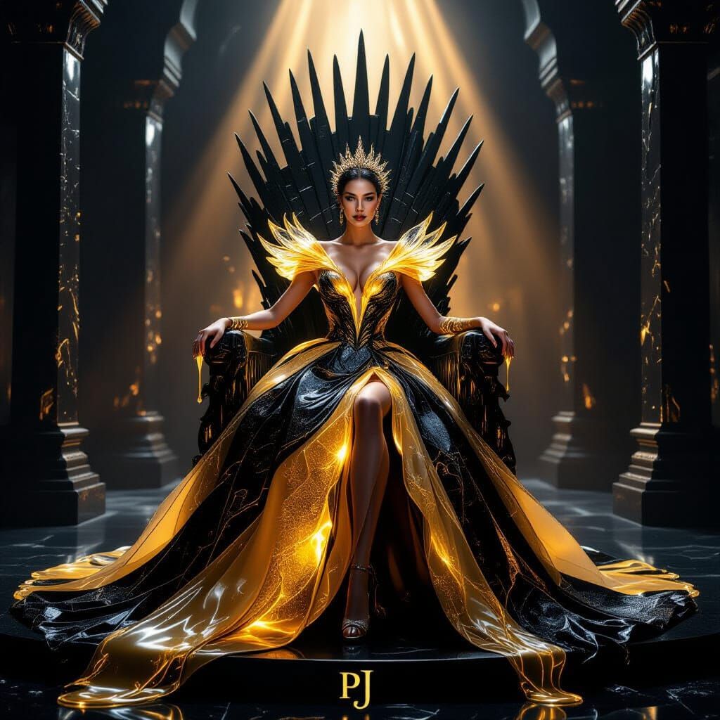 Sorceress in Liquid Glass Gown in Obsidian Throne Room