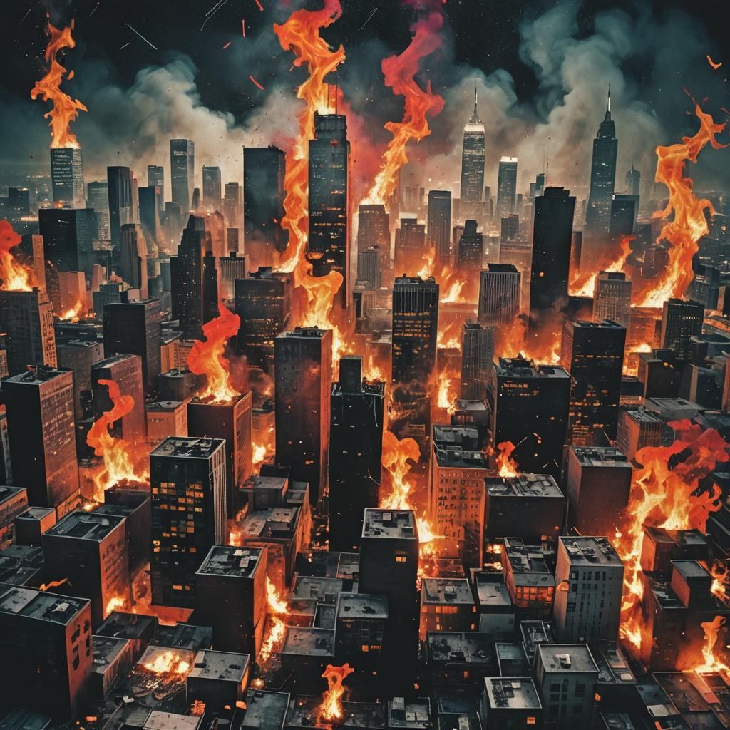 Burning Cityscape: Punk Album Cover in Collage Art