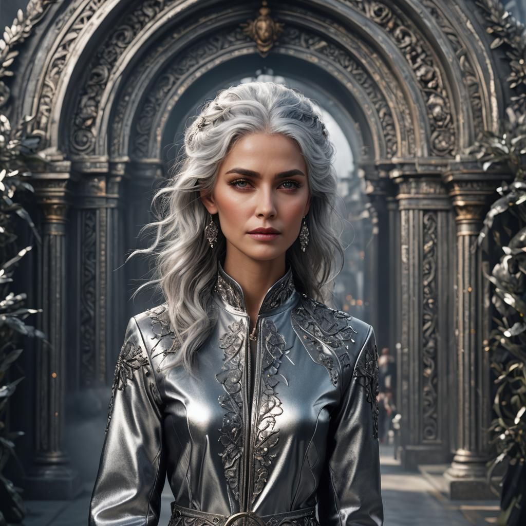 Silver Haired Woman on Runway in Hyperrealistic Portrait